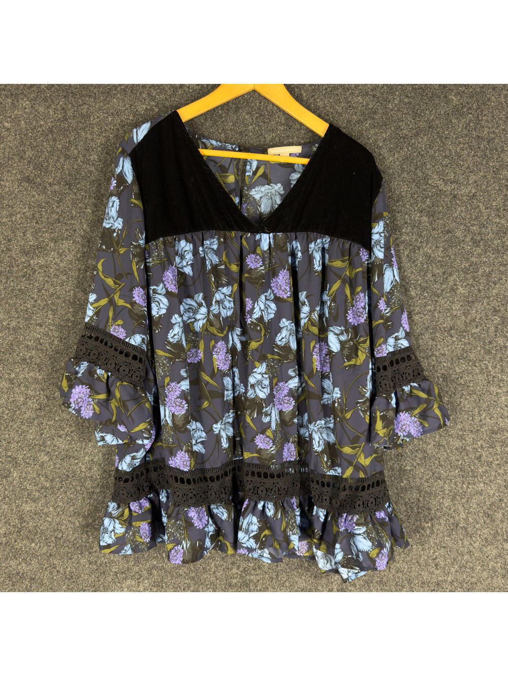 Woman Within Blouse Women 1X Plus Blue Floral V-Neck 3/4 Sleeve Pullover Casual
